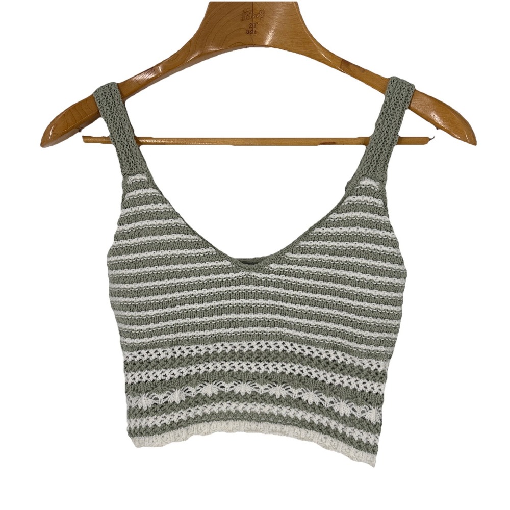 Hollister Womens Crochet Crop Top Size Medium Green Stripe Beachy Boho‎ Festival